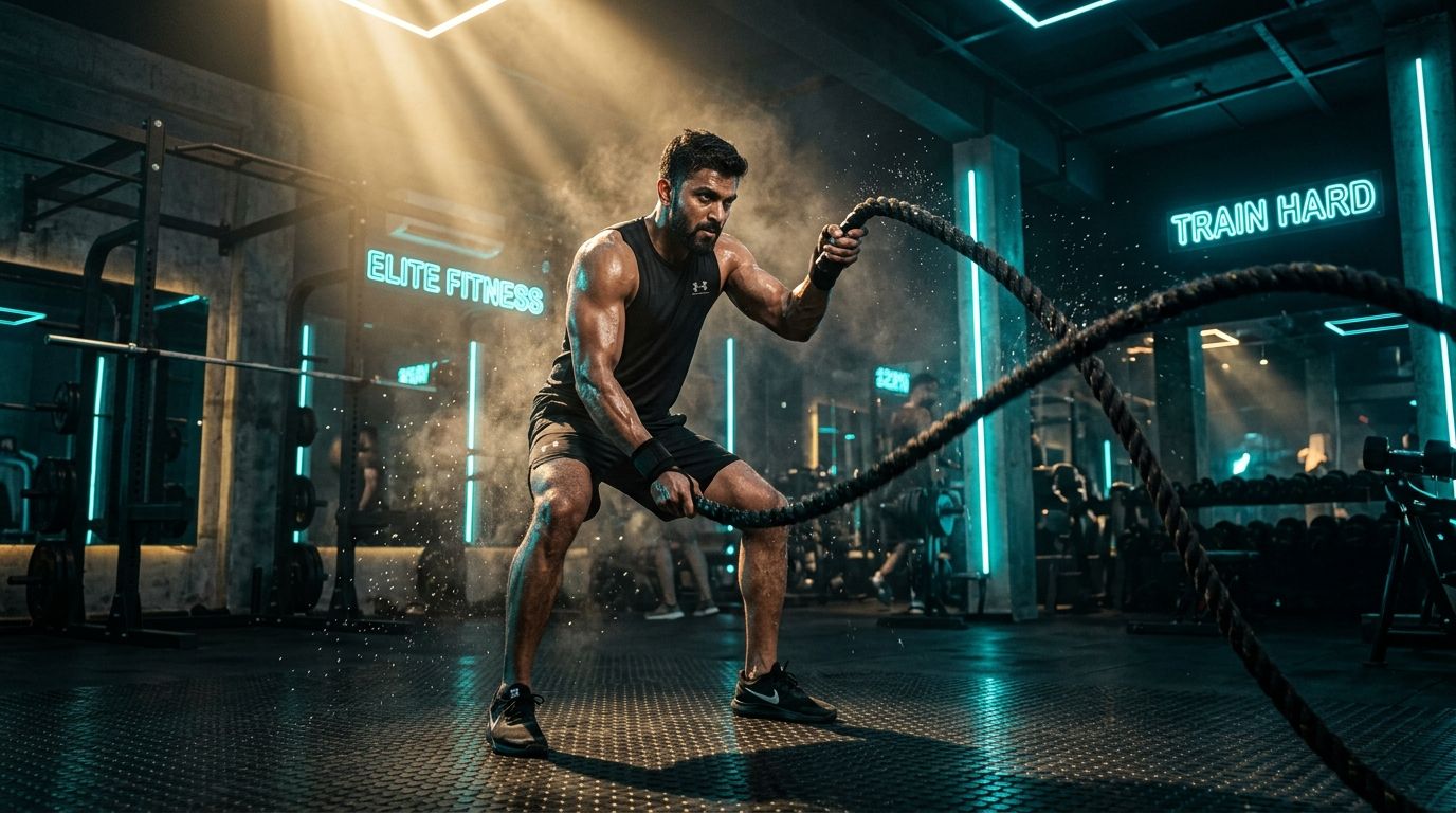 Athlete working with battle ropes on the Foundation strength floor